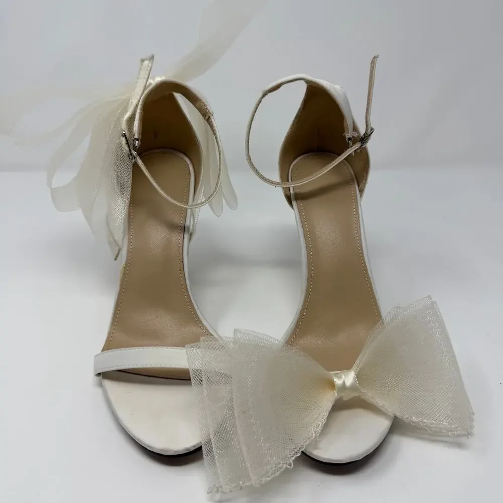 White Satin Bow Ankle Strap Stiletto Heels Size 8